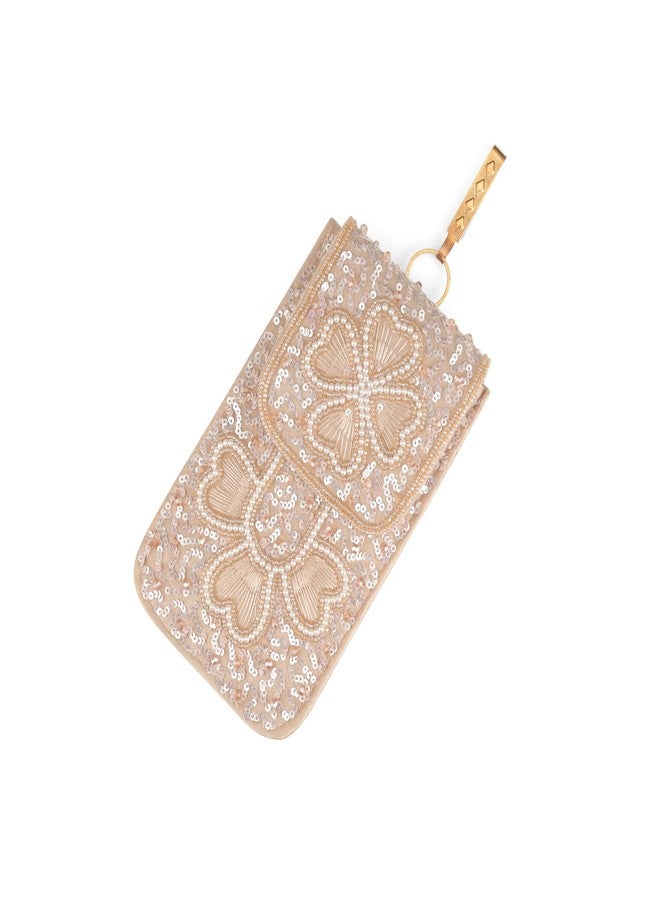 JI ACCESSORIES Velvet Saree Clutch Mobile Pouch Waist Clip Ladies Purse Gift For Women (FLOWER LIGHT BROWN) - Image 1